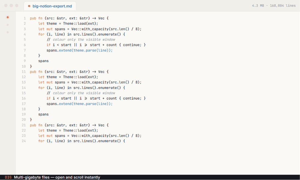 tuhi in action: open a 4 MB file, filter a log, render Markdown, and edit a block in place